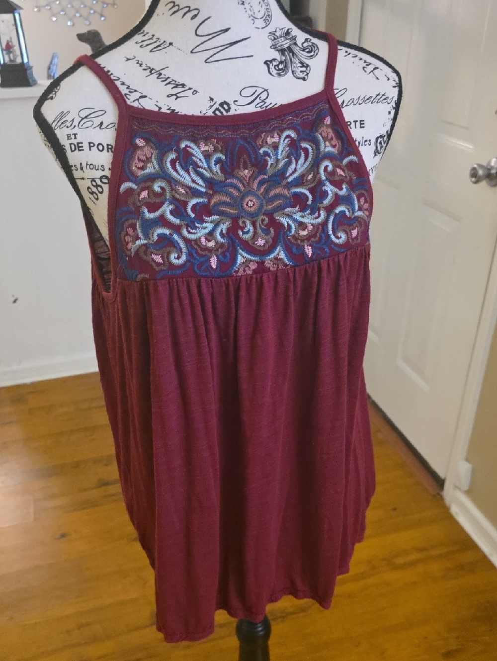 Maurices Burgundy Embroidered Yoke Tank Top